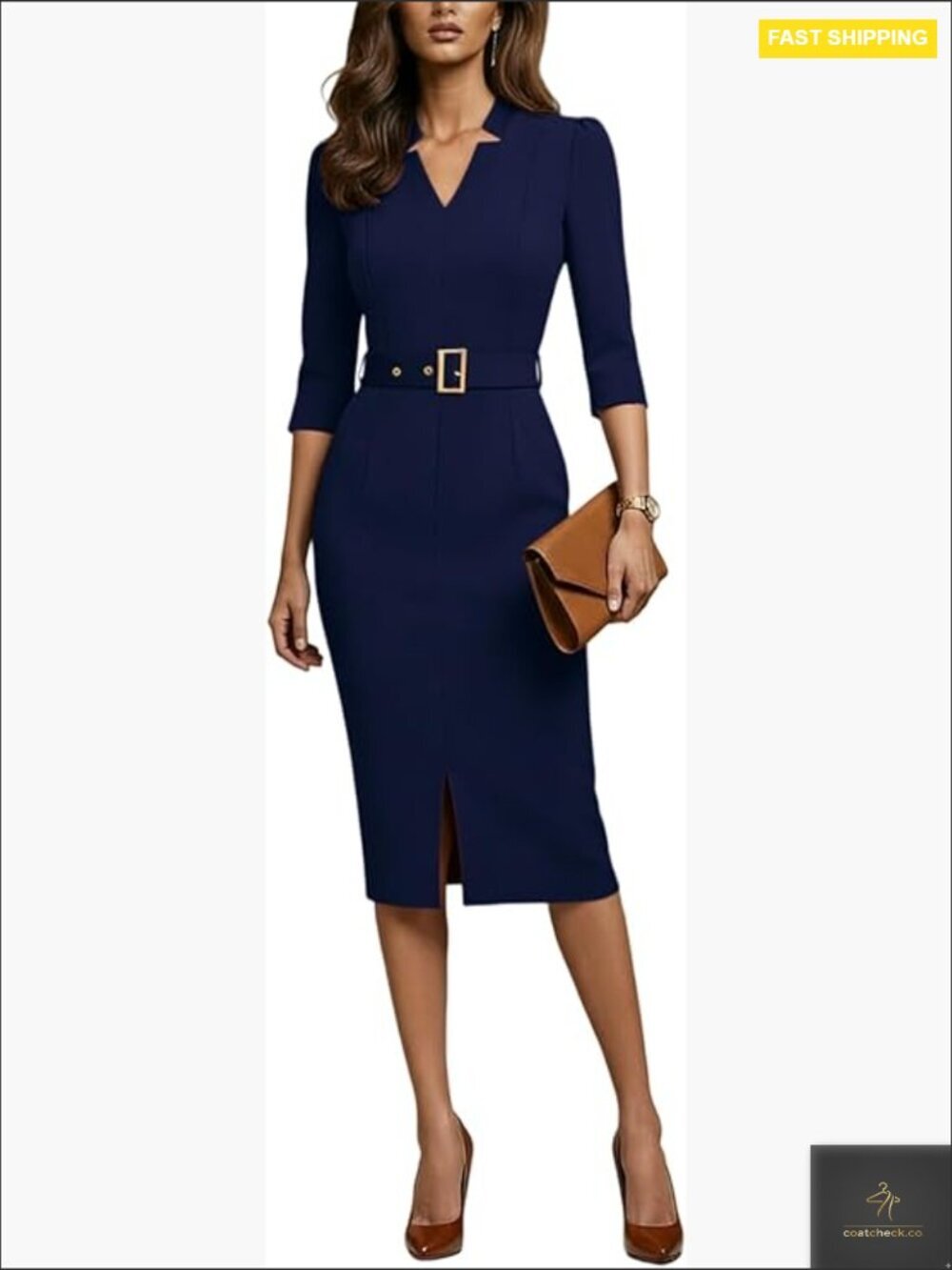 Bodycon Pencil Dress V-Neck Belt Office Business Formal Cocktail Party Midi